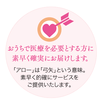 おうちで医療を必要とする方に素早く確実にお届けします。「アロー」は「弓矢」という意味。素早く的確にサービスをご提供いたします。